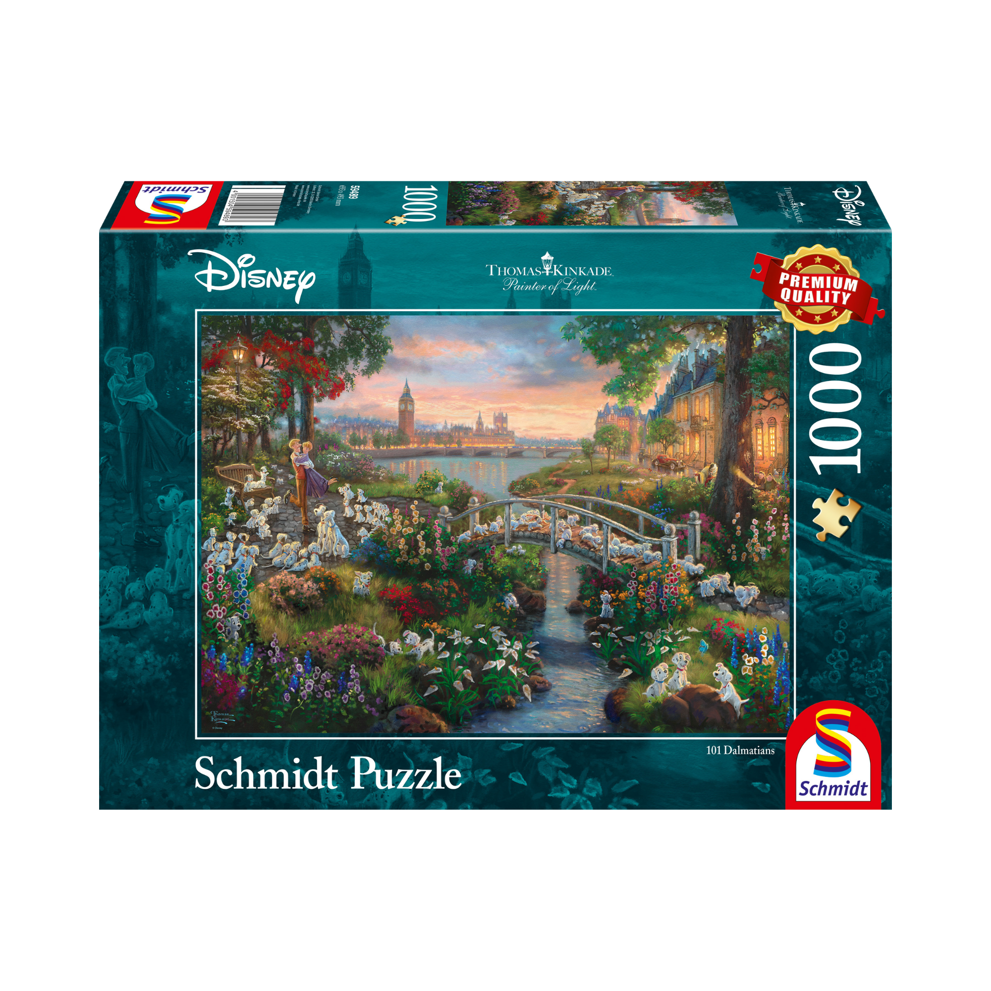 Schmidt puslespill med Disney-motiv av 101 dalmatinere på vei over en bro mellom to blomsterfulle enger